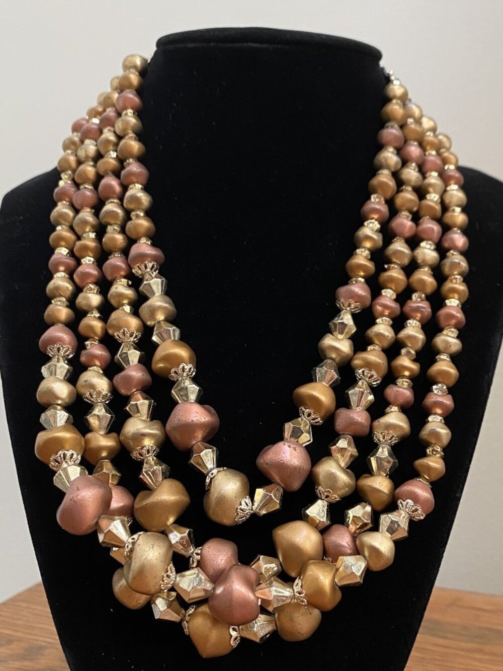 Vintage MultiโStrand Metallic Bead Necklace & ClipโOn Earrings w/Filigree Clasp
